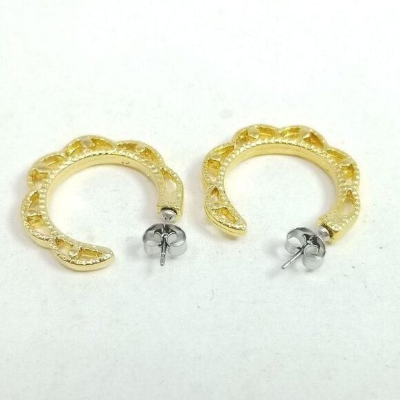 Vintage Wavy Gold Tone Hoop Earrings, Retro 80s 90s Style, Estate - Picture 3 of 5